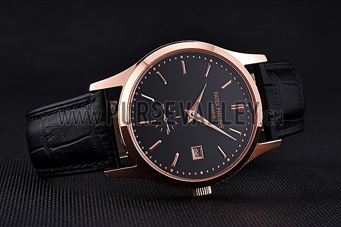 Patek Philippe Calatrava Black Dial Rose Gold Case Black Leather Strap 622835