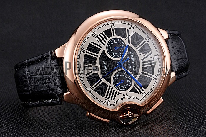Cartier Ballon Bleu Black Dial Gold Case Black Leather Strap