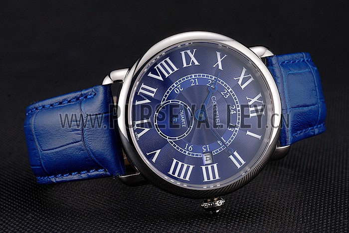 Cartier Ronde Louis Cartier Blue Dial Stainless Steel Case Blue Leather Strap