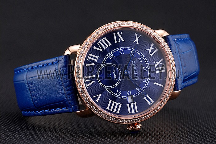 Cartier Ronde Louis Cartier Blue Dial Gold Case Diamond Bezel Blue Leather Strap