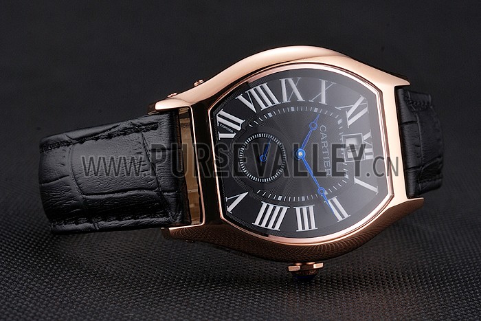 Cartier Tortue Large Date Black Dial Gold Case Black Leather Strap