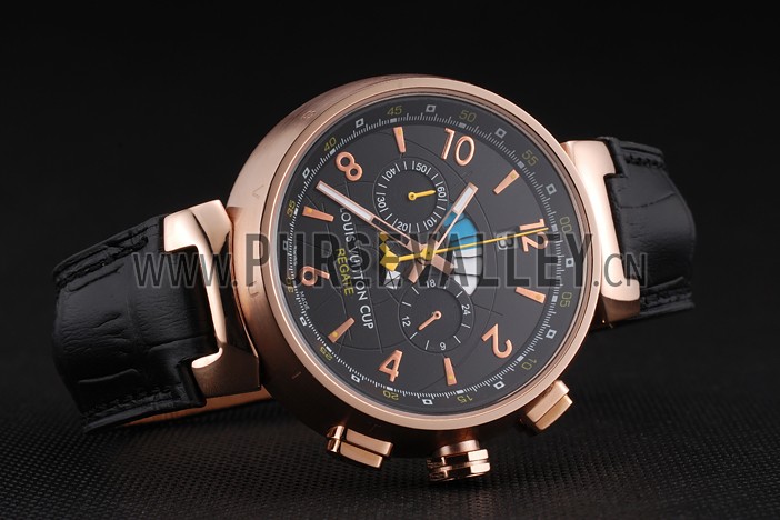 Louis Vuitton Tambour LV Cup Regate Black Dial Rose Gold Case Black Leather Strap