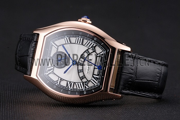 Cartier Tortue Perpetual Calendar White Dial Gold Case Black Leather Strap