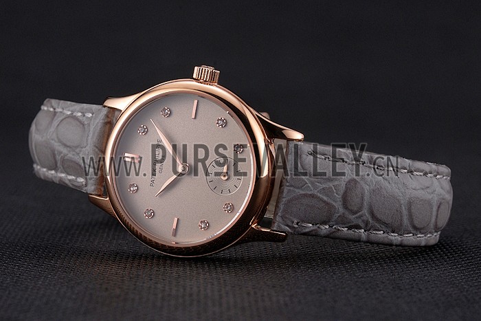 Patek Philippe Calatrava Gray Dial Diamond Markings Rose Gold Case Gray Leather Strap