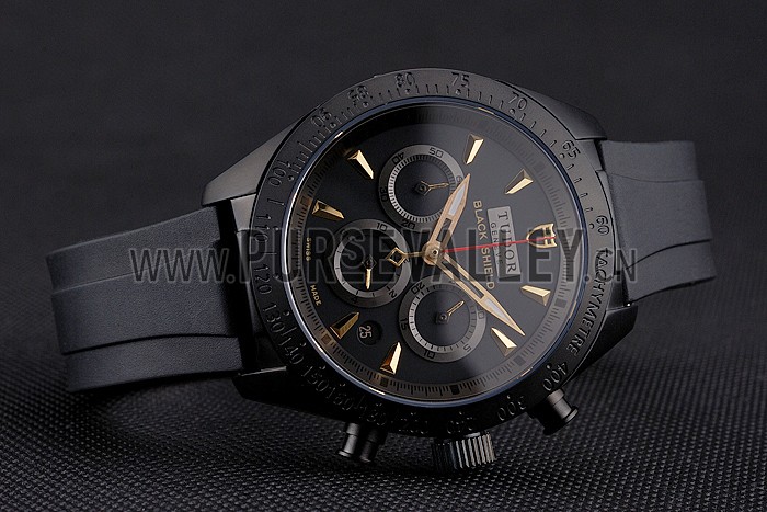 Tudor Fastrider Black Shield Black Dial Gold Markings Black Case Black Rubber Strap