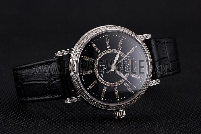 IWC Portofino Moon Phase Black Dial With Diamonds Stainless Steel Case Diamonds Bezel Black Leather Strap