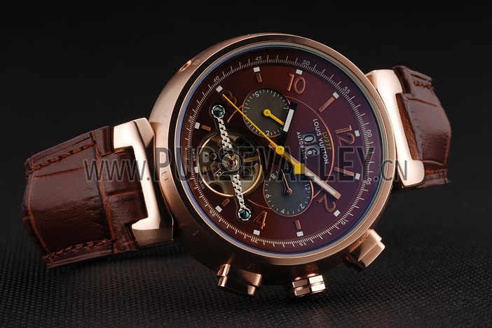 Louis Vuitton Tambour LV277 Tourbillon Brown Dial Rose Gold Case Brown Leather Strap