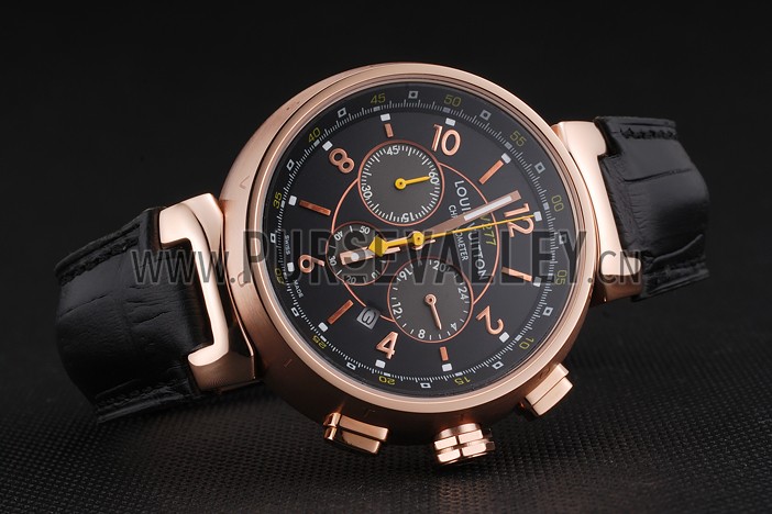 Louis Vuitton Tambour LV277 Chronograph Black Dial Rose Gold Case Black Leather Strap