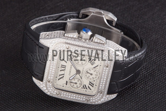 Swiss Cartier Santos Silver Bezel with Diamonds and Black Leather Strap sct44 621528
