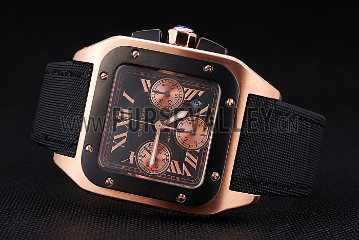 Swiss Cartier Santos Rose Gold Bezel with Black Dial and Black Fabric Strap sct39 621523