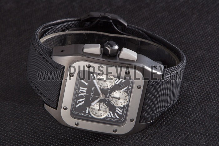 Swiss Cartier Santos Two Tone Bezel with Black Dial and Black Fabric Strap 621525