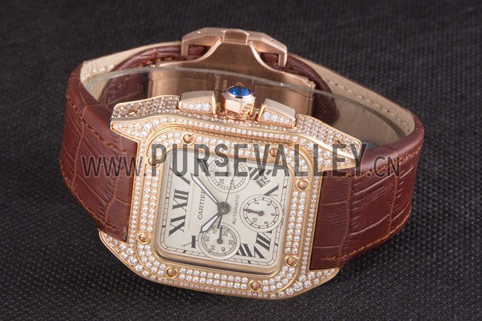 Swiss Cartier Santos Rose Gold Bezel with Diamonds and Brown Leather Strap sct43 621527