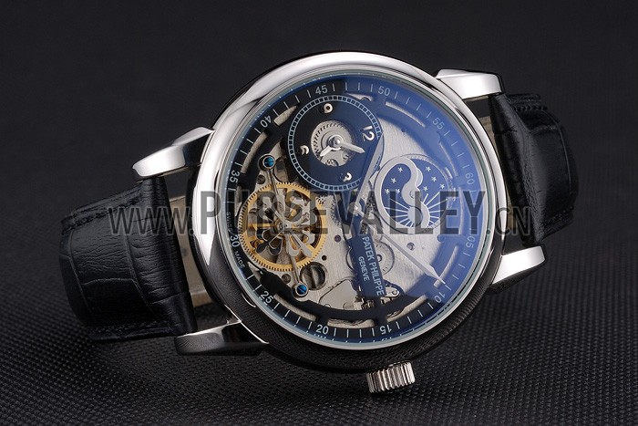 Patek Philippe Dual Time Moonphase Tourbillon Black Skeletonised Dial Stainless Steel Case Black Leather Strap