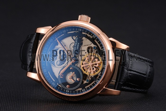 Patek Philippe Dual Time Moonphase Tourbillon Black Skeletonised Rose Gold Case Black Leather Strap