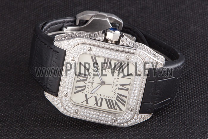 Swiss Cartier Santos Silver Bezel with Diamonds and Black Leather Strap sct47 621531