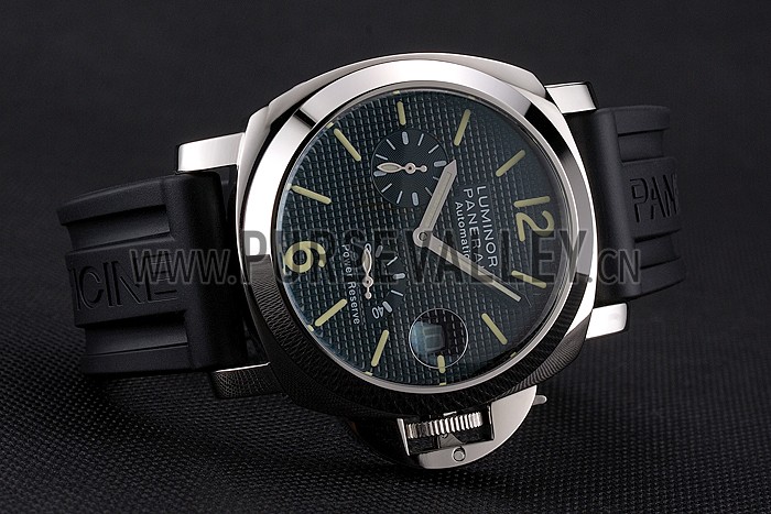 Panerai Luminor Power Reserve Black Hobnail Pattern Dial Stainless Stel Case Black Rubber Strap