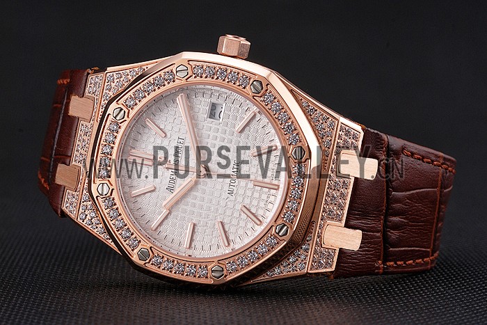 Swiss Audemars Piguet Royal Oak White Dial Gold Case With Diamonds Brown Leather Strap