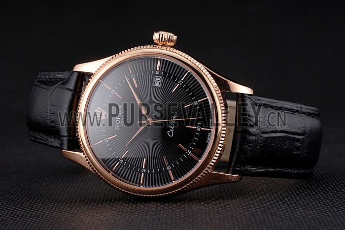 Swiss Rolex Cellini Date Black Dial Rose Gold Markings Rose Gold Case Black Leather Strap