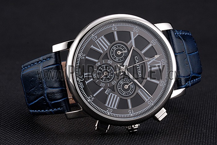 Cartier Rotonde Chronograph Black Dial Stainless Steel Case Blue Leather Strap
