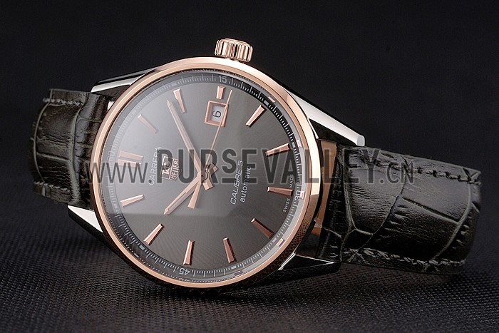 Swiss Tag Heuer Carrera Calibre 5 Gray Dial Rose Gold Case Black Leather Strap