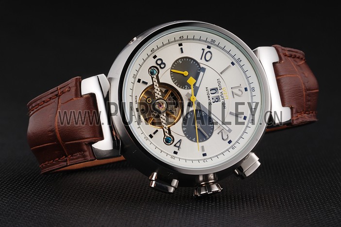 Louis Vuitton Tambour LV277 Tourbillon White Dial Stainless Steel Case Brown Leather Strap