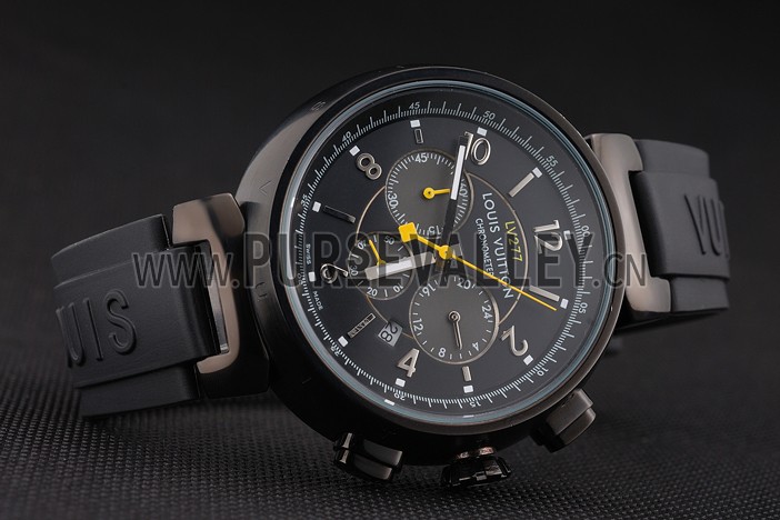 Louis Vuitton Tambour LV277 Chronograph Black Dial Black PVD Case Black Rubber Strap