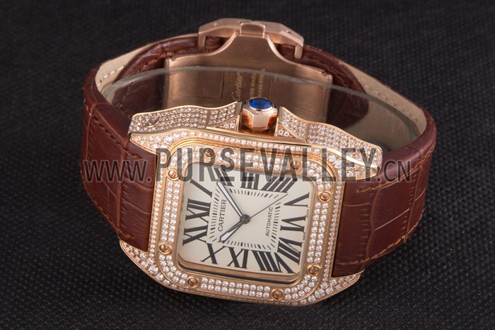 Swiss Cartier Santos Rose Gold Bezel with Diamonds and Brown Leather Strap sct46 621530