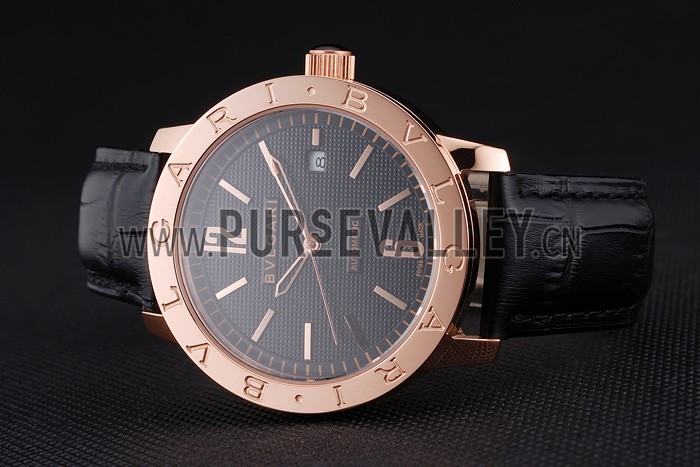 Bvlgari Novelties Black Dial Gold Case Black Leather Strap