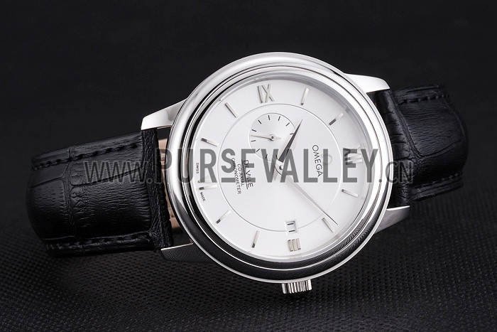 Omega De Ville Prstige Co-Axial White Dial Silver Case Black Leather Strap Roman Numeral