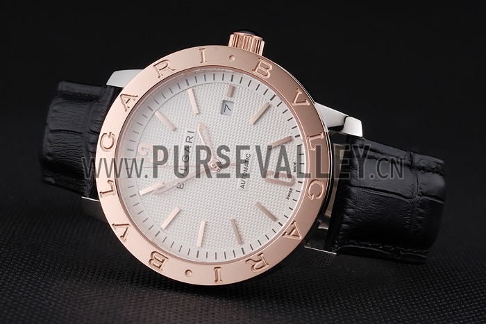 Bvlgari Novelties White Dial Gold Case Black Leather Strap