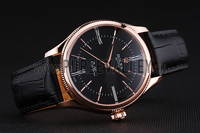 Rolex Cellini Black Dial Pink Gold Case Black Leather Strap 622842