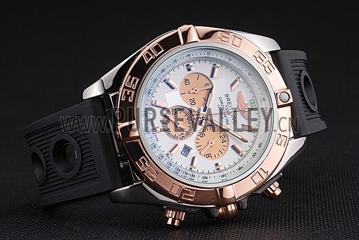 Breitling Chronomat White Dial Rose Gold Bezel And Subdials Stainless Steel Case Black Rubber Strap