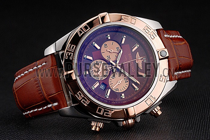 Breitling Chronomat Brown Dial Rose Gold Bezel And Subdials Stainless Steel Case Brown Leather Strap
