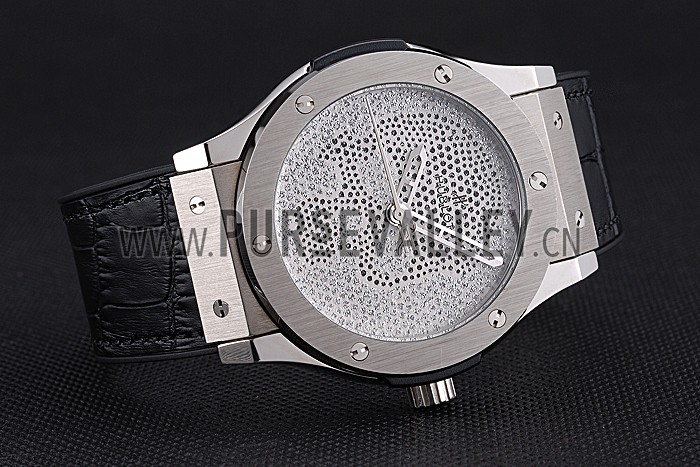 Hublot Classic Fusion Diamond Skull Dial Stainless Steel Case Black Leather Strap 622814