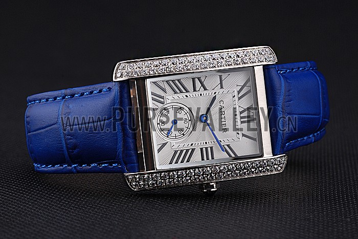 Cartier Tank MC Stainless Steel Diamond Case White Dial Blue Leather Strap 622172