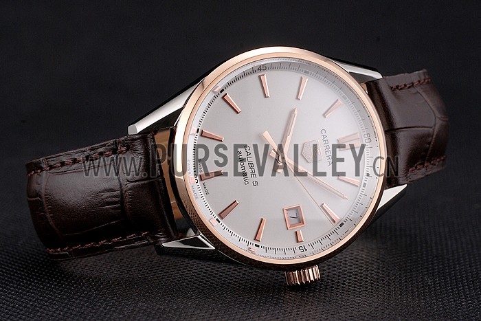 Swiss Tag Heuer Carrera Calibre 5 White Dial Rose Gold Case Brown Leather Strap
