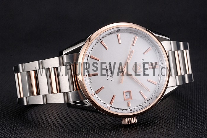 Swiss Tag Heuer Carrera Calibre 5 White Dial Rose Gold Case Two Tone Bracelet
