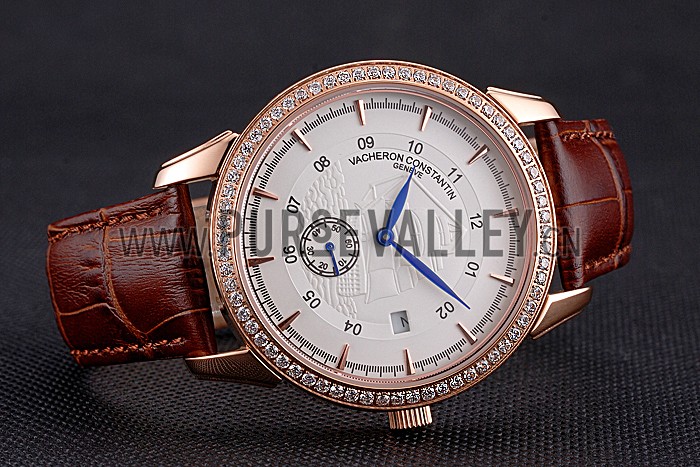 Vacheron Constantin Traditionnelle White Ship Dial Rose Gold Case With Diamonds Brown Leather Strap