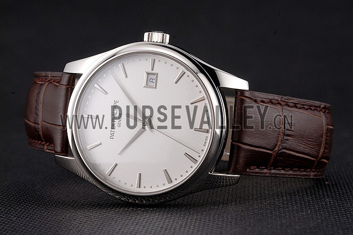 Swiss Patek Philippe Calatrava White Dial Stainless Steel Case Brown Leather Strap