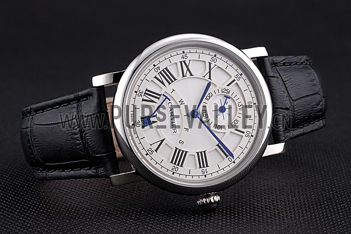 Cartier Rotonde White Dial Stainless Steel Case Black Leather Strap 622757