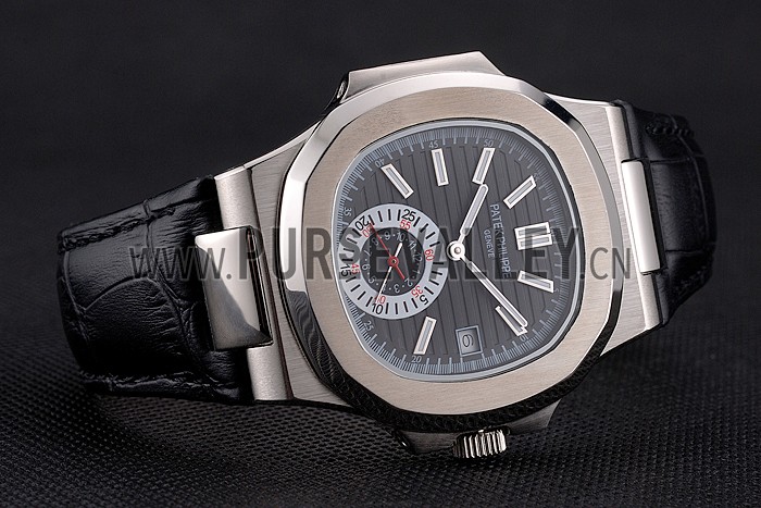 Patek Philippe Nautilus Black Dial Stainless Steel Case Black Leather Strap