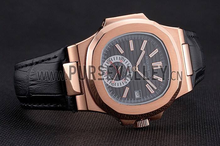 Patek Philippe Nautilus Black Dial Rose Gold Case Black Leather Strap