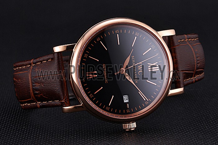 Swiss IWC Portofino Gold Case Black Dial Brown Leather Bracelet 622669