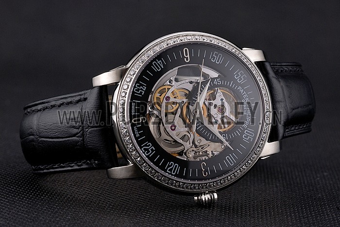 Swiss Patek Philippe Complications Openworked Dial Stainless Steel Case Diamond Bezel Black Leather Strap
