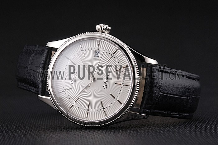 Swiss Rolex Cellini Date White Dial Stainless Steel Case Black Leather Strap