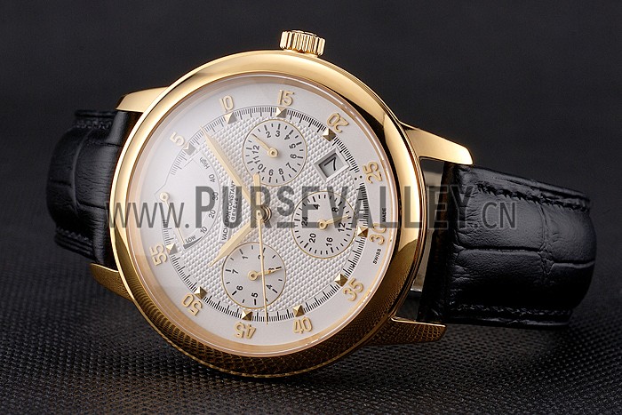 Swiss Vacheron Constantin Traditionnelle Power Reserve White Dial Gold Case Black Leather Strap