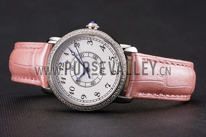 Cartier Ronde White Dial Diamond Bezel Stainless Steel Case Pink Leather Strap
