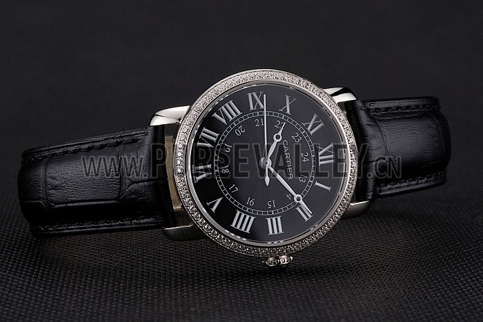 Cartier Ronde Black Dial Diamond Bezel Stainless Steel Case Black Leather Strap