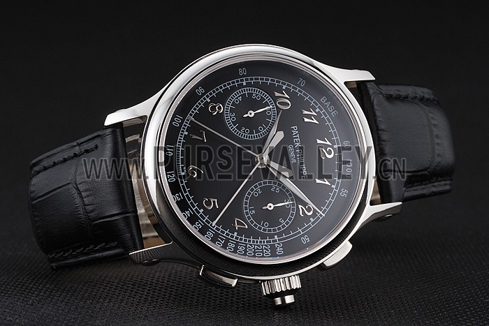 Swiss Patek Philippe Split Seconds Chronograph Black Dial Stainless Steel Case Black Leather Strap