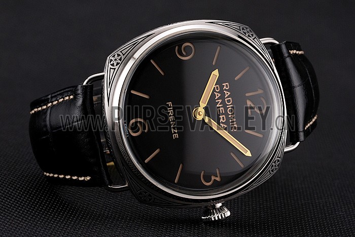 Panerai Radiomir Firenze 3 Days Acciaio PAM604 Black Dial Engraved Stainless Stell Case Black Leather Strap